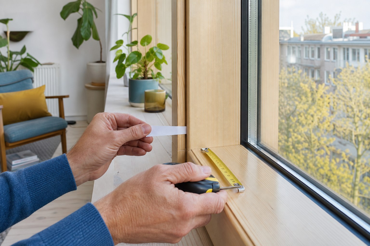 Handen die met een strook papier en meetlint een houten raamkozijn op tocht controleren