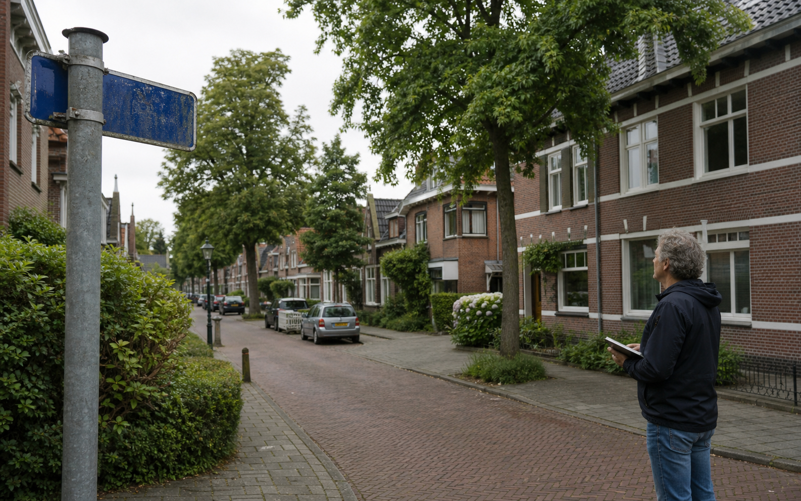 Persoon met notitieboek bij een oud straatnaambord in een rustige Nederlandse woonstraat