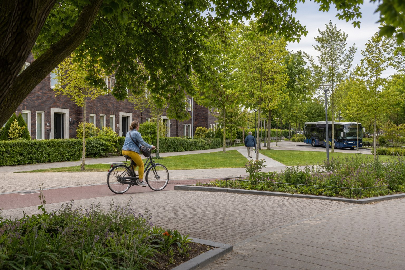 Rustige Nederlandse buurt met openbare ruimte en mensen die informatie bekijken