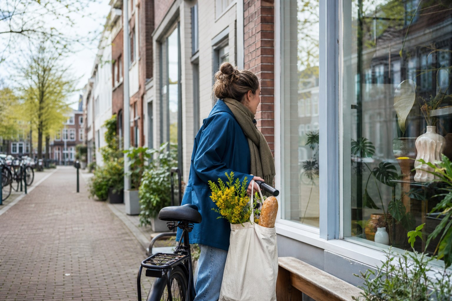 Vrouw met fiets, brood en gele bloemen die op een rustige winkelstraat in een etalage kijkt